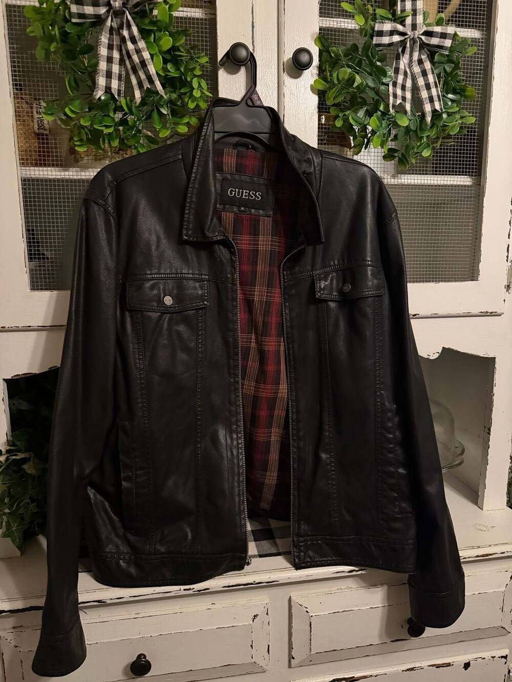 Guess Faux Leather Jacket Size XL Black Plaid Lined